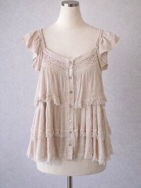 Promesa Light Beige Tiered Ruffle Button-Front Top